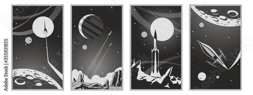 Fantastic Black and White Retro Movie Posters Stylization, Space Journeys Illustrations, Retro Future Space Rockets, Alien Planets