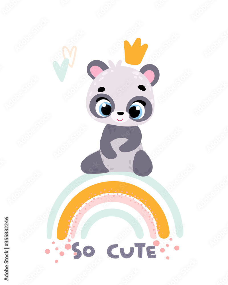 Poster with cute animal. Panda. Cartoon character. Vector illustration for t-shirt prints, greeting cards, posters, room decor
