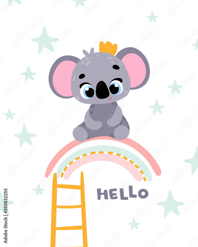 Poster with cute animal. Koala. Cartoon character. Vector illustration for t-shirt prints, greeting cards, posters, room decor Poster with cute animal. Koala. Cartoon character. Vector illustration for t-shirt prints, greeting cards, posters, room decor