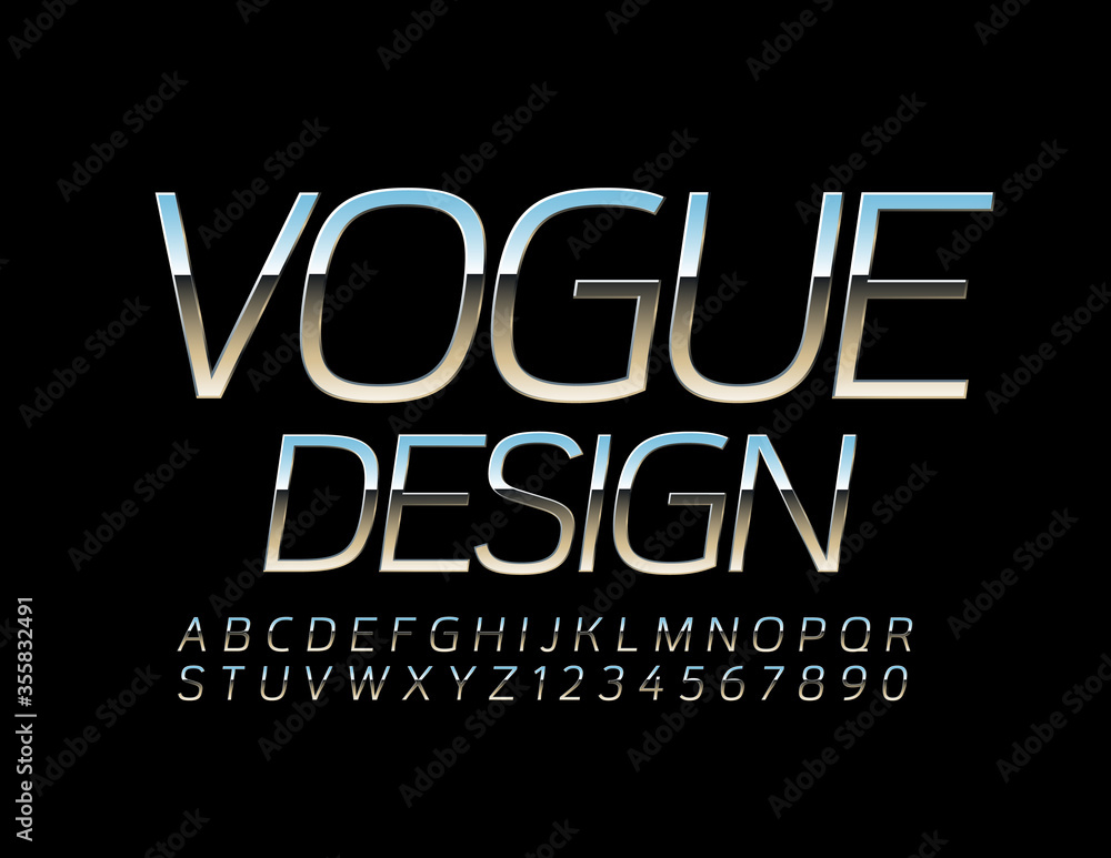 Vector premium sign Vogue Design with elegant Silver Font. Metal luxury Alphabet Letters and Numbers