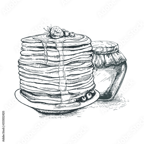 Vector vintage pancake  with honey drawing. Hand drawn monochrome food illustration. Great for menu, poster or label.

