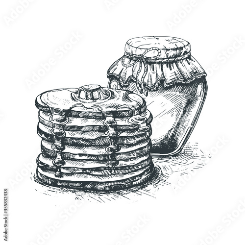 Vector vintage pancake  with honey drawing. Hand drawn monochrome food illustration. Great for menu, poster or label.
