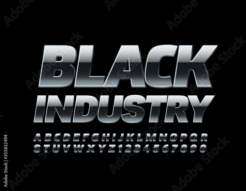 Vector dark metal logo Black Industry with reflective Font. Chrome Alphabet Letters and Numbers