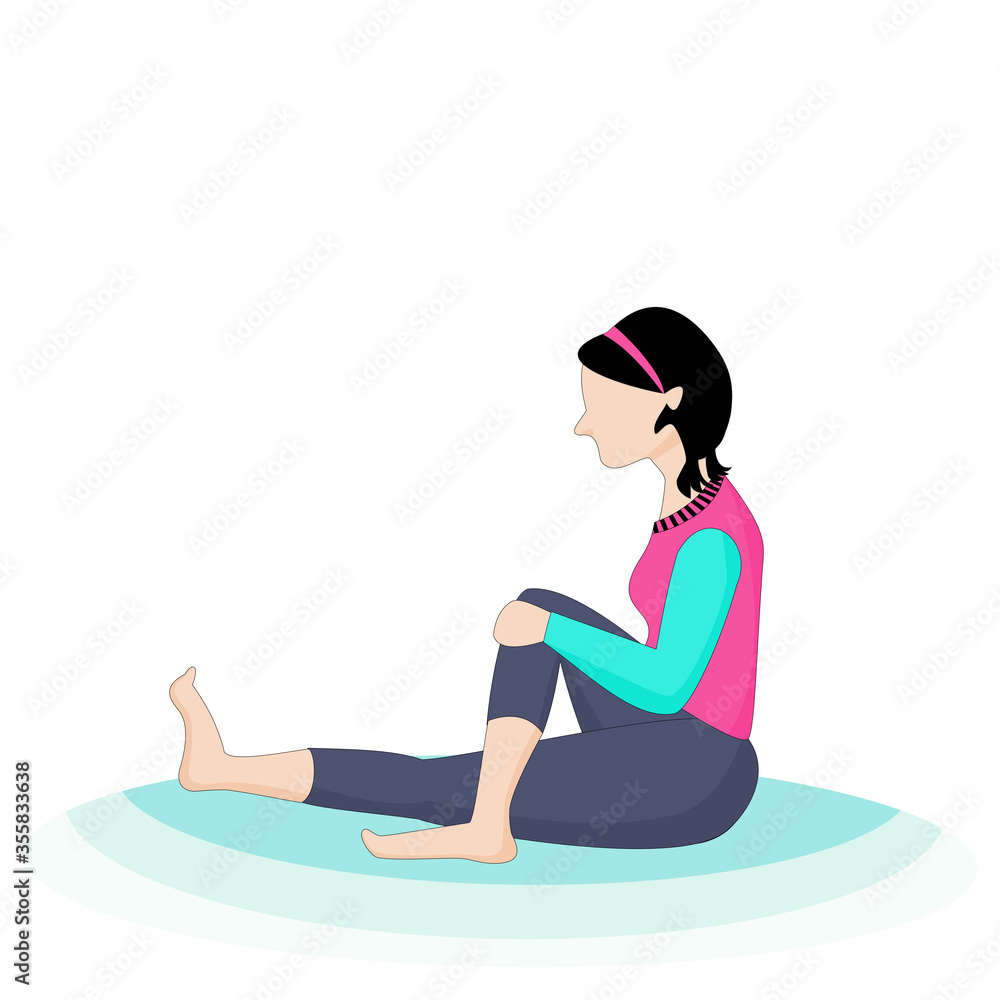 A cute girl is wearing a beautiful sportswear is doing a simple exercise by sitting and straightening one leg and one knee steep, vector illustration design concept for health care and yoga style. A cute girl is wearing a beautiful sportswear is doing a simple exercise by sitting and straightening one leg and one knee steep, vector illustration design concept for health care and yoga style.
