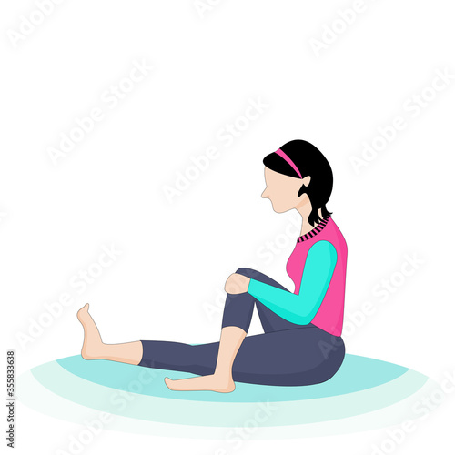 A cute girl is wearing a beautiful sportswear is doing a simple exercise by sitting and straightening one leg and one knee steep, vector illustration design concept for health care and yoga style.