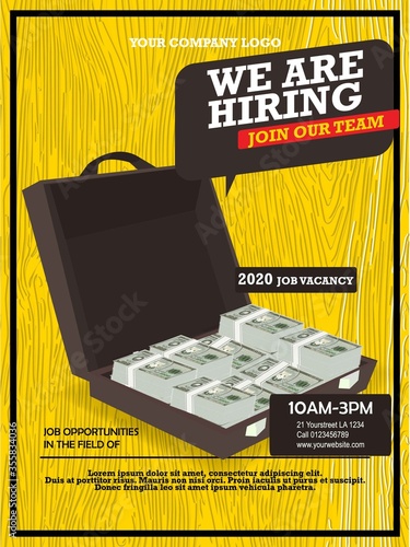Hiring recruitment design poster with case full of money and geometric shapes. We are hiring invitation template with pile of greenbacks Vector EPS 10.