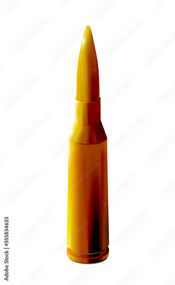Isolated gold cartridge Kalashnikov or automatic rifle. 3d realistic for firearms, machine gun ammo. Golden or brass on light background. Firing, illustration Isolated gold cartridge Kalashnikov or automatic rifle. 3d realistic for firearms, machine gun ammo. Golden or brass on light background. Firing, illustration