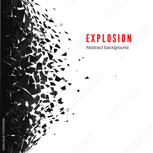 Abstract cloud of pieces and fragments after wall explosion. Demolition black wall. Shatter and destruction effect. Vector illustration