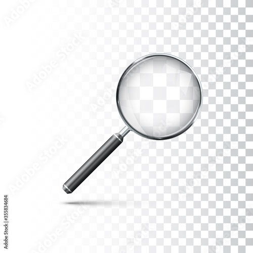 Magnifying glass with metal frame and black handle. Realistic style icon. Vector illustration isolated on transparent background