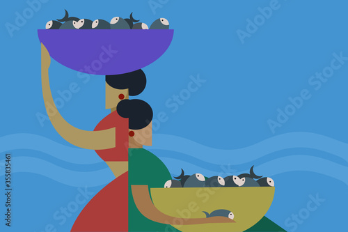 Illustration of  two Indian women fish sellers