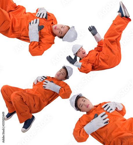 Collection set of woman worker in Mechanic Jumpsuit had an accident at work isolated on white background