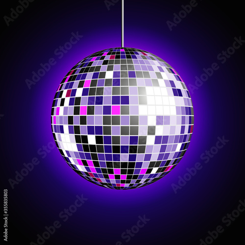 Disco ball isolated illustration. Night Club party light element. Bright mirror silver ball design for disco dance club. Disco party. Vector illustration.
