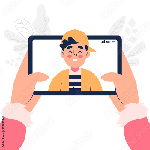 Close up of boy talk chat on video call on tablet vector illustration