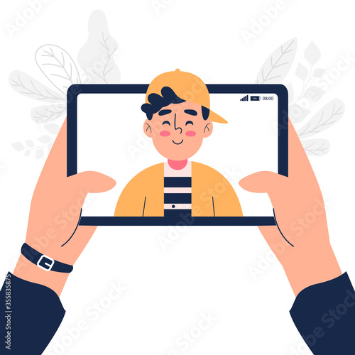 Close up of young boy talk chat on video call on tablet vector illustration