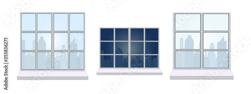 Vector set of various window frames, view from window - different silhouettes of city day and night.