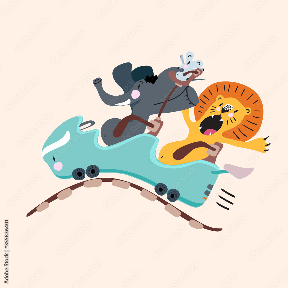 Elephant, lion, and mouse on rollercoaster with various emotions. Cartoon flat childish illustration. Elephant, lion, and mouse on rollercoaster with various emotions. Cartoon flat childish illustration.