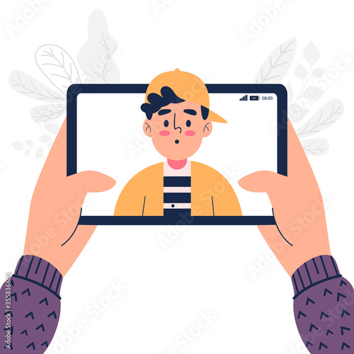 Flat design close up of boy talk chat on video call on tablet vector illustration