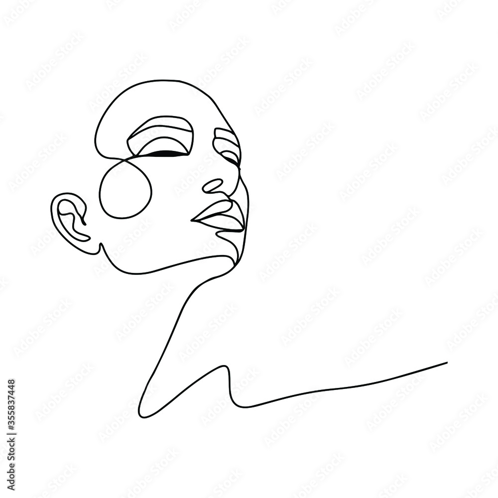 Abstract female portrait in one line style. Silhouetted figure, black outline. A look down, a beautiful face. For printing on cards, fabrics, logo for a beauty salon, cosmetics. Abstract female portrait in one line style. Silhouetted figure, black outline. A look down, a beautiful face. For printing on cards, fabrics, logo for a beauty salon, cosmetics.