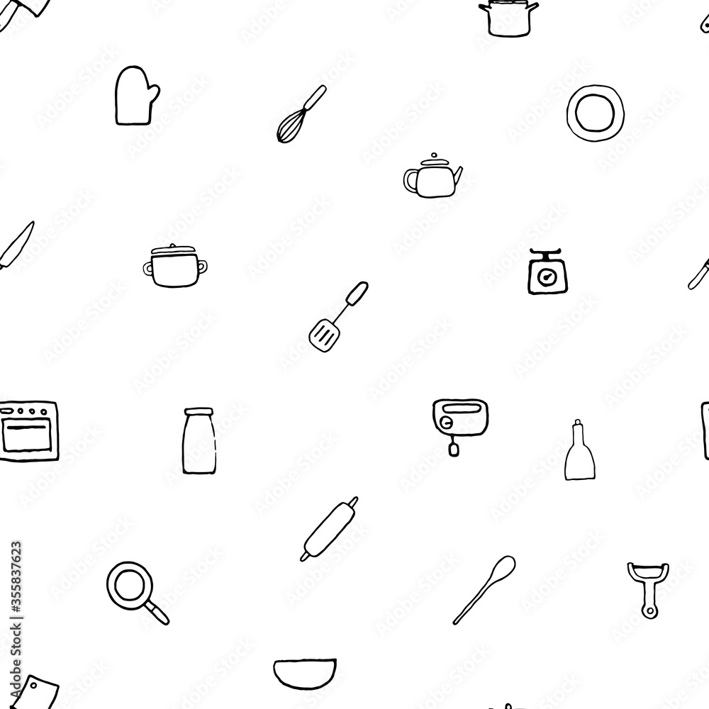 Vector seamless pattern of hand drawn kitchen stuff. . Vector seamless pattern of hand drawn kitchen stuff. .