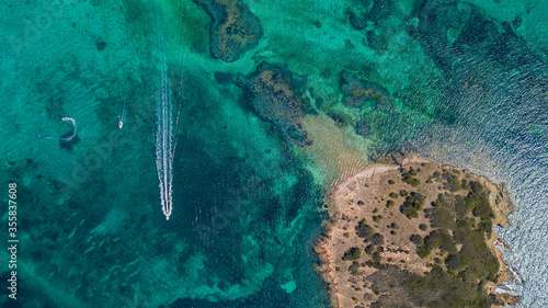 Aerial Ocean Top View with Island and Boats at Pinarello Beach