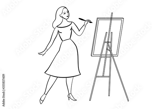 Young woman paints, oil canvas. 
