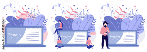 Blogger girl, freelancer woman. Video channel website, new content technology. Blogging miniature vector illustration.