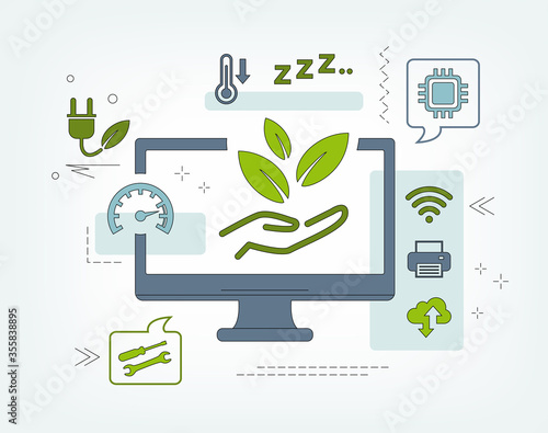 Green computing / green IT connected icon concept: environmentally sustainable ICT, cloud computing, systems design – vector illustration