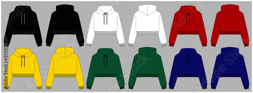 Hoody with a long sleeve and a round neck. Clothing for women and men. Set of colored unisex hoodie with hood. Rear and front view. Basic casual clothing and sports. oversize clothes. Vector illustrat