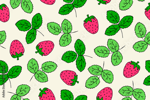 Hand-drawn seamless pattern with berries and leaves of wild strawberry berry. Vector doodle illustration.