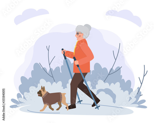 Old woman walking with dog in park flat illustration. Stock vector. Sport and activity with dogs for the elderly people, nordic walking, healthy lifestyle.