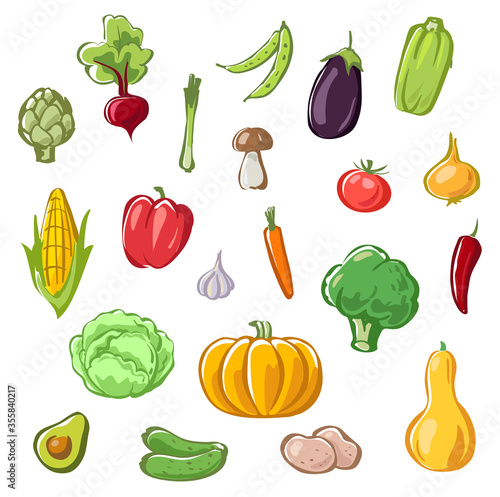 set of vegetables cartoon drawings vector vegan food illustration
