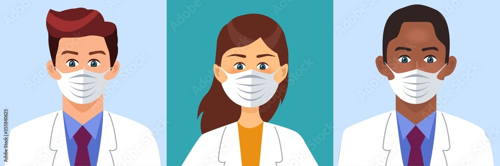 Concept of coronavirus. Woman and man   as doctor or nurse. Female characters in medical uniform and face masks. Vector illustration.