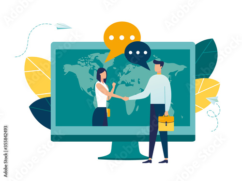 online conclusion of the transaction. the opening of a new startup. business handshake, via phone and laptop. vector illustration in a flat style investor holds money in ideas online. photo