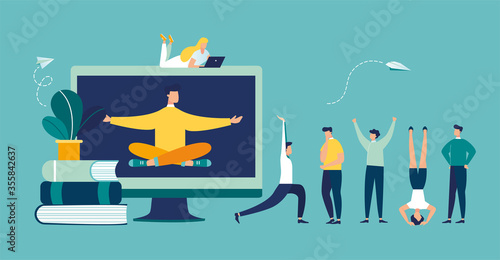 Vector illustration, meditation concept during work break, health benefits of body, mind and emotions, thought process, start and idea search-vector