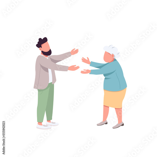 Old mother with adult son flat color vector faceless characters