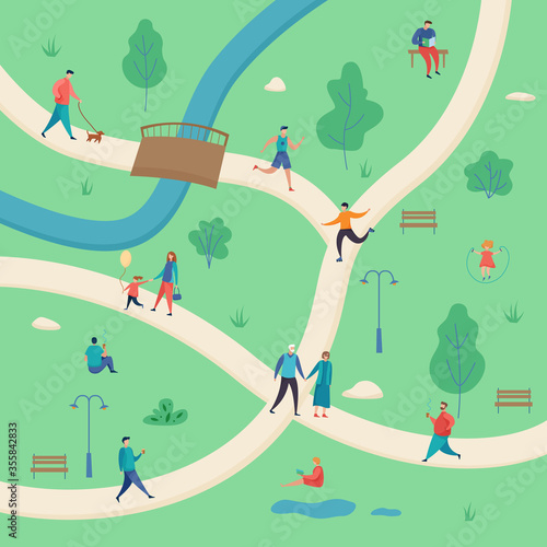 Active man and woman with children in the park. Outdoor workout. Group people characters doing different activities. Flat cartoon vector illustration.