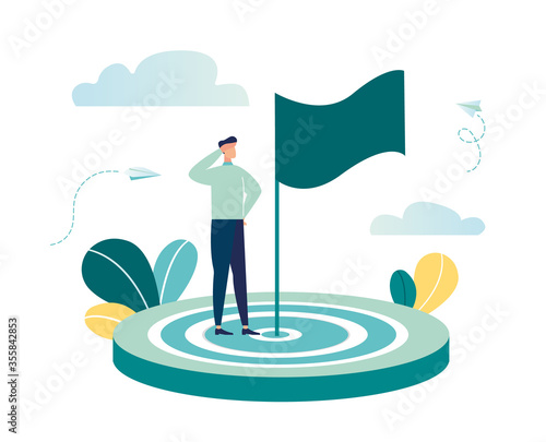 Vector illustration aimed at a goal, increase motivation, a way to achieve a goal, a businessman in the center with a flag-vector