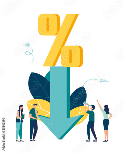 Vector illustration, percent presses down arrow, percent drop.