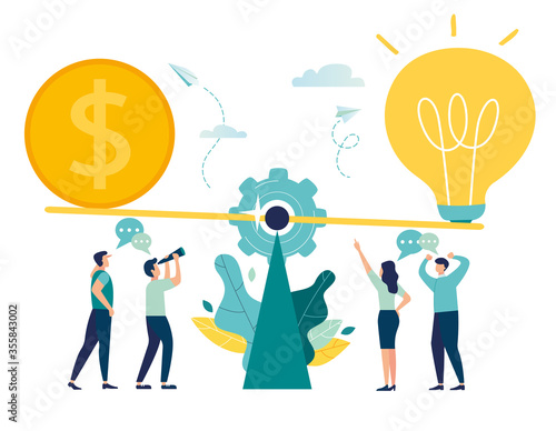 online conclusion of the transaction. the opening of a new startup. business handshake, via phone and laptop. vector illustration in a flat style investor holds money in ideas online.