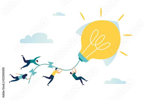 Vector illustration, achievement concept, a company of people holding on to a thread from a paper plane, move towards the goal
