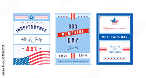 US holiday poster flat vector templates set