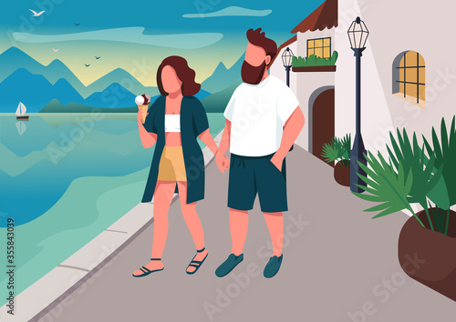 Couple walking on seafront flat color vector illustration