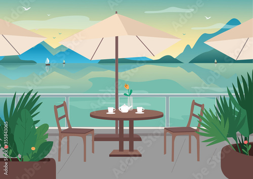 Street restaurant at seaside resort flat color vector illustration