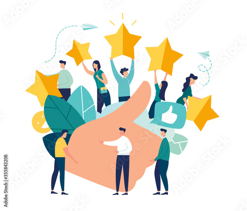 vector illustration on white background. the best estimate of performance, the score of five points. people leave feedback and comments, successful work is the highest score.