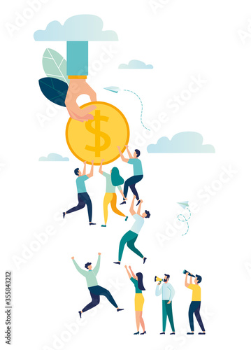 Vector illustration, team a group of people hold each other without losing a coin, achieve goals, decline in income, take money 