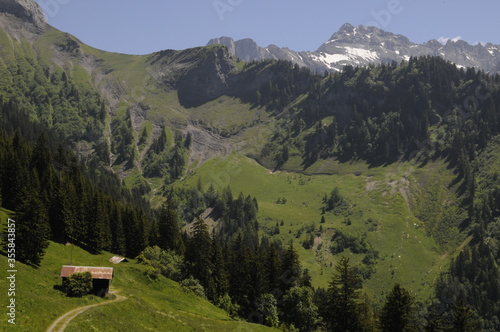 Vue panoramique sur un val de montagne montrant une ferme, un chemin, des forêts de sapins, de la neige, des rochers dans les alpes suisses.
