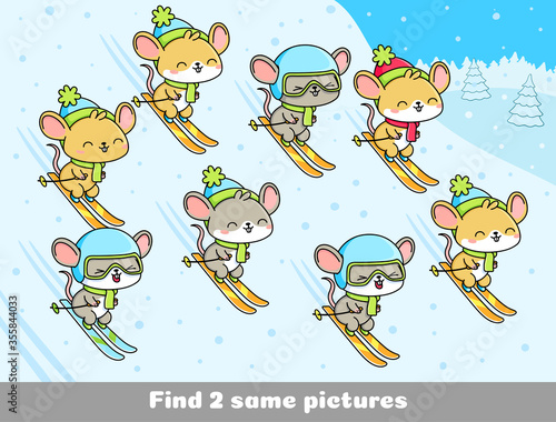 Funny mice. Skiers roll down the mountain. Find two same pictures. Educational game for children. Cartoon vector illustration.