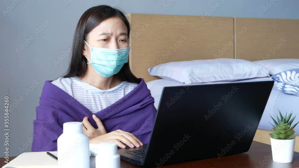 patient use remote distance video conference, make online consultation with doctor on laptop computer application about illness, medication via video call. Telehealth, Telemedicine and online hospital patient use remote distance video conference, make online consultation with doctor on laptop computer application about illness, medication via video call. Telehealth, Telemedicine and online hospital