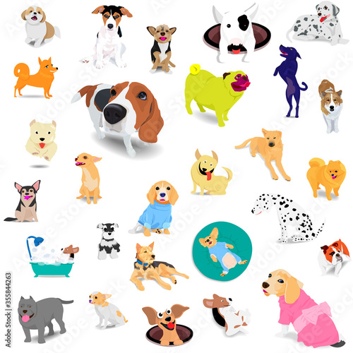Seamless pattern of dogs, adorable and friendly animal on white background.