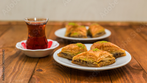 Turkish sweet baklava on plate.
